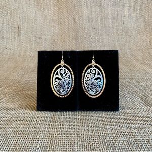 Drop Floral Scroll Earrings Goldtone & Silvertone w/ Gems 14K Posts Oval